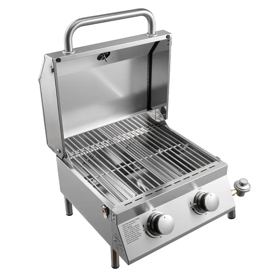

Tabletop Gas Grill 2-Burner Stainless Steel Portable Propane Grill with Built-in Thermometer Travel Locks Weatherproof Lid 15 0