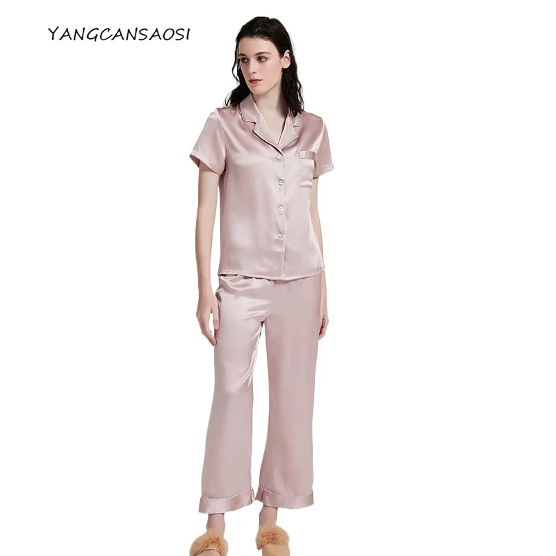 

Женская модная одежда 19 мм, пижамный комплект из 100% натурального шелка шелковицы, рубашка с короткими рукавами, длинные брюки, повседневный домашний костюм, комплект