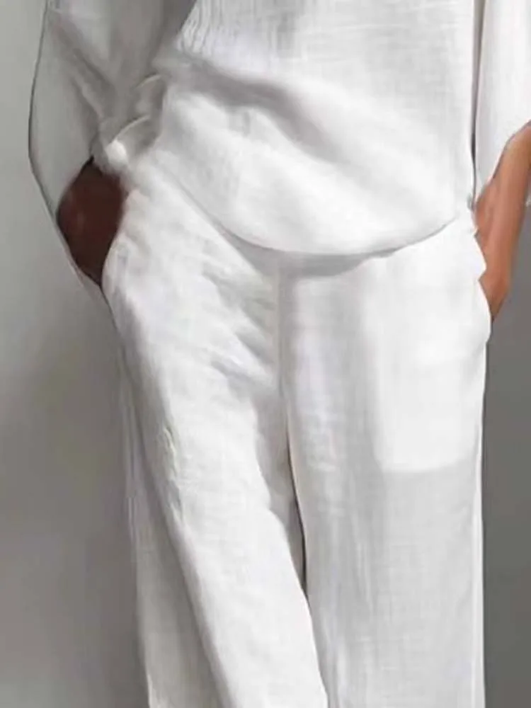 

Модный комплект из 2 предметов: пуловер с круглым вырезом и длинные брюки, элегантный женский костюм с рукавом до локтя, однотонный, весна-лето, повседневный, из хлопка и льна, свободного кроя