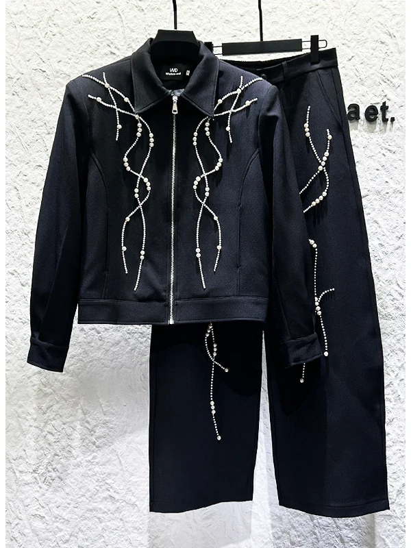 2025 Fashion Heavy Embroidery Pearl Black Lapel Jacket Set Handsome Boy Korean Version Loose Casual Wide-Leg Pants