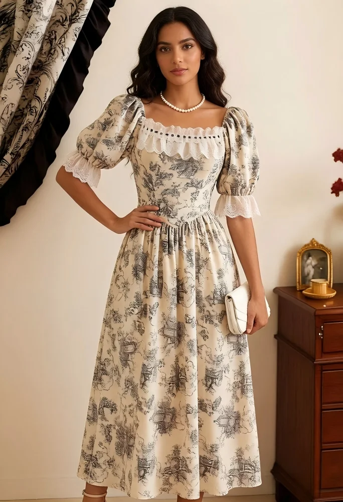 

Vintage Toile De Jouy Print Maxi Dress Women 2026 Summer New French Country Style Square Neck Puff Sleeves Lace Trim Elastic Wai
