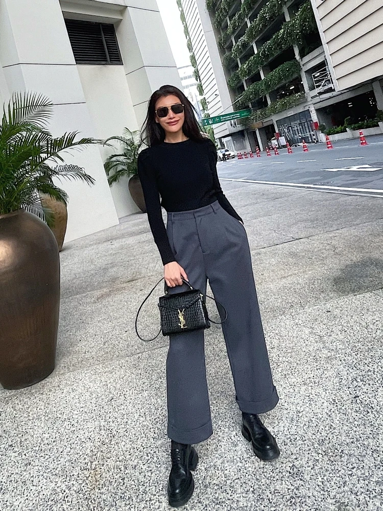 DuanStyle Original Slim Fit Elastic Comfortable Soft Thick High Waist  Color Casual Pants Grey Brown Straight Leg Trousers