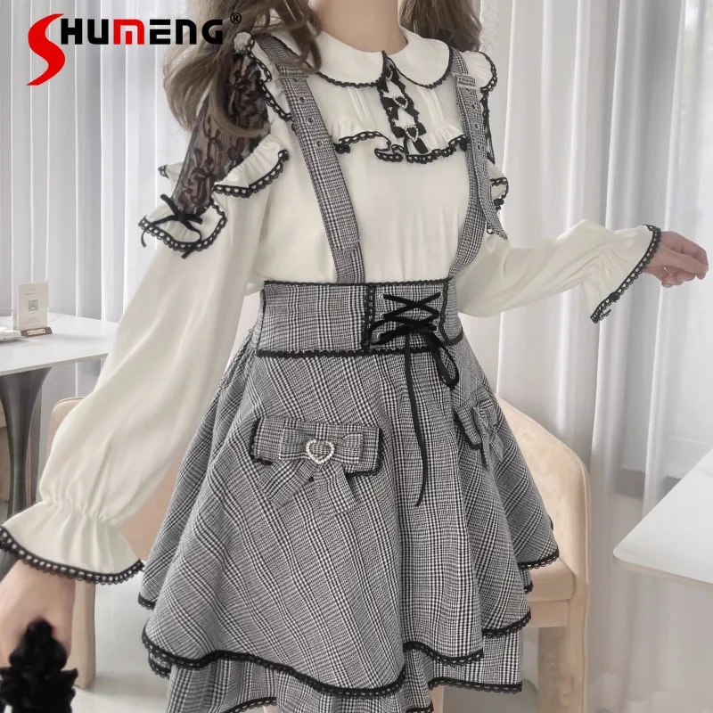 

Japanese Rojita Mass-Produced Original Design Mine Suit Soft Girl Lace Bowknot Shirt Slimming Plaid Blouse Short Strap Vestidos