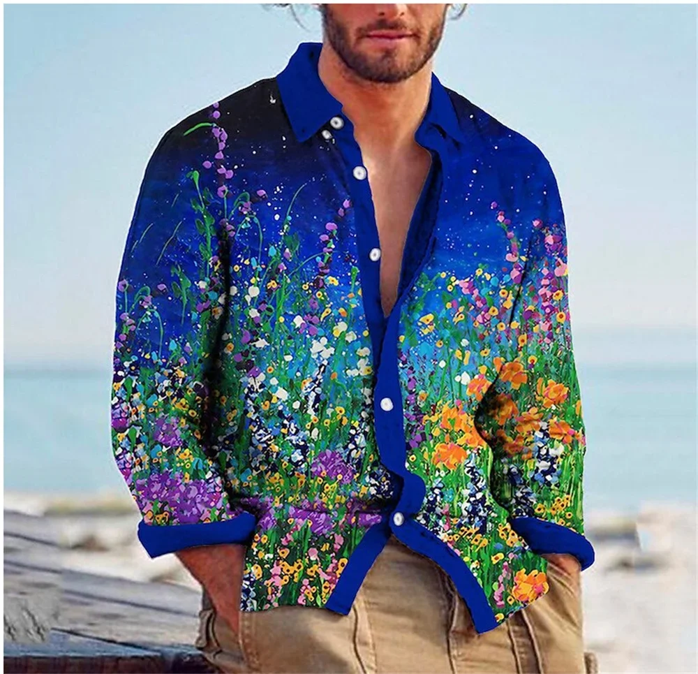 Men\'s Shirt Lapel Long Sleeve Spring/Summer New Creative Flower 3D Printing Pattern Casual Comfort Casual Men\'s Top 2023