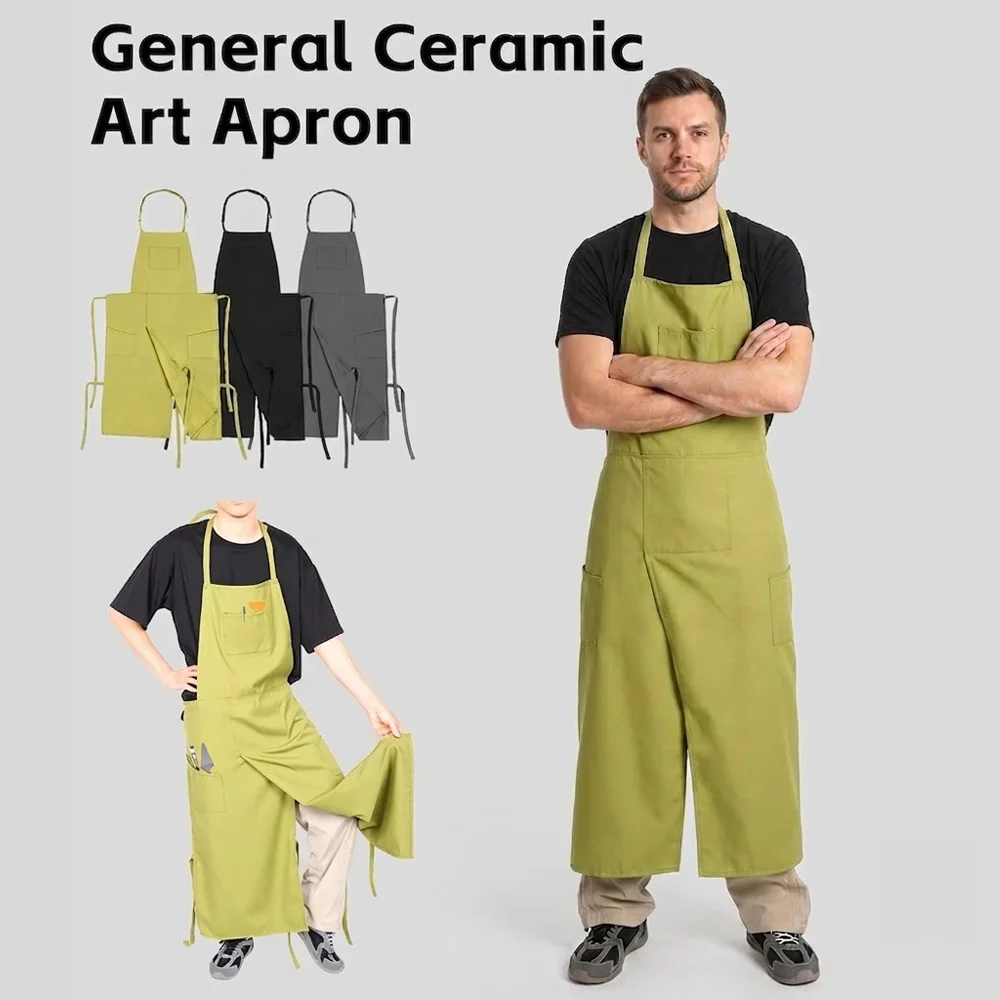 Split Leg Pottery Apron with Multi Pocket Full Coverage Artist Work Apron Waterproof Mud Resistant Craft Apron for Pottery DIY