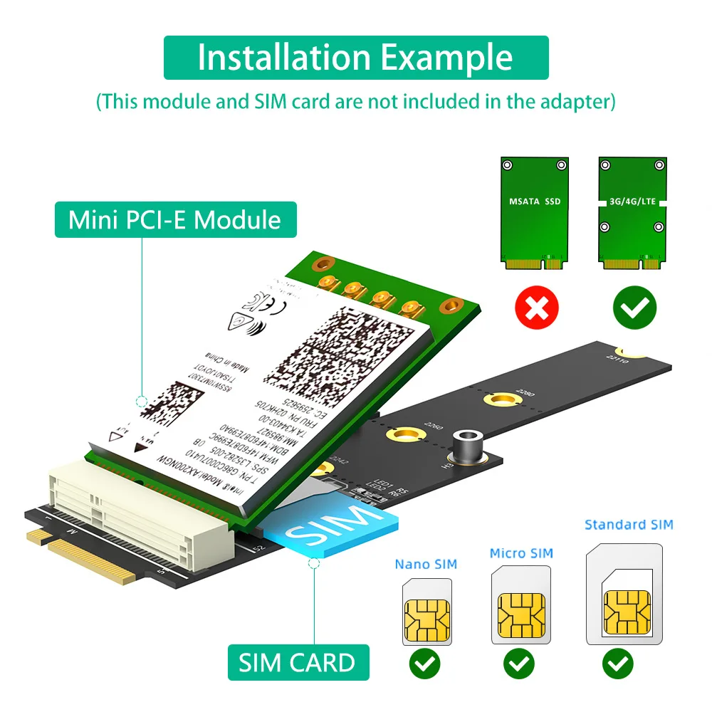 3G 4G 5G GSM LTE WIFI Модуль Mini PCIe Беспроводная сетевая карта SIM-карты NGFF M.2 Key M Разъем Адаптер mPCIe Слот преобразования NVMe