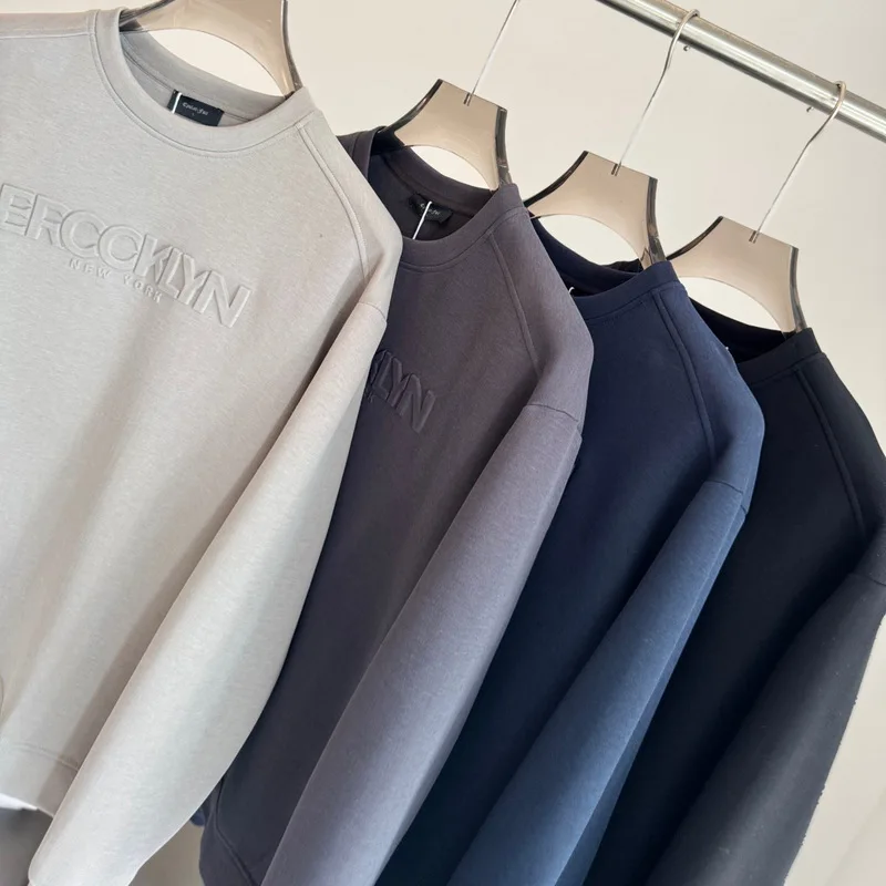 Men Crewneck Sweatshirt Long Sleeve Pullover Brooklyn Embossed Print Casual Top for Daily Streetwear