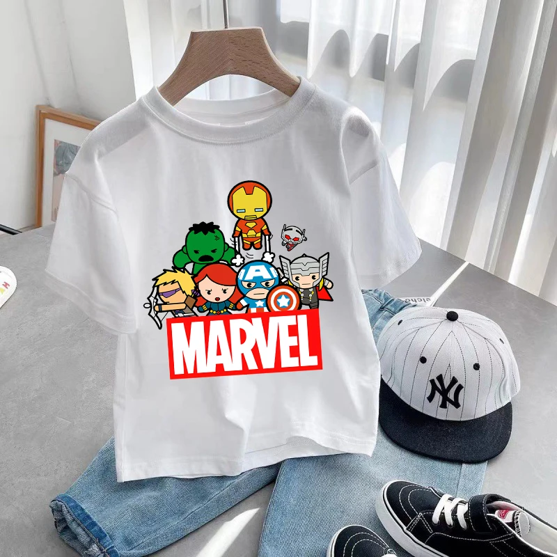 Marvels Avengers 티셔츠 소년 소녀 만화 애니메이션 패턴 반팔 아동 의류 SpiderMans 레저 홈 의류 탑 티