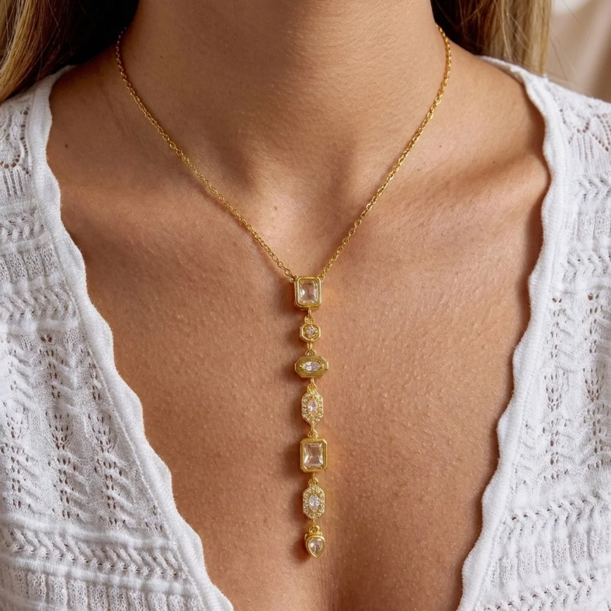 Glänzende Zirkon-Halskette mit geometrischen Verbindungsstücken und Quasten aus Edelstahl für Damen und Herren, Herz, Auge, Wassertropfen, Sonne, Mond, Stern, Choker-Schmuck – Detail 19