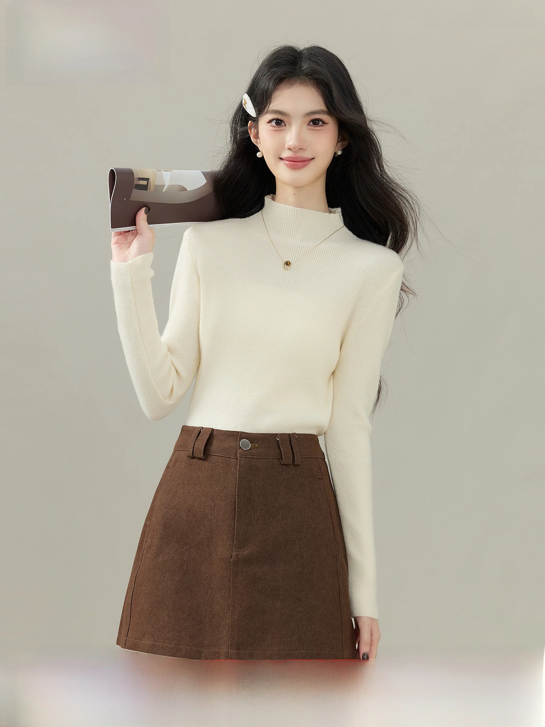 

Юбка А-силуэта с высокой талией Brown Tones Whispers от Lingjiu, повседневная, с вышивкой, для женщин, из смесовой ткани (полиэстер, хлопок, спандекс)