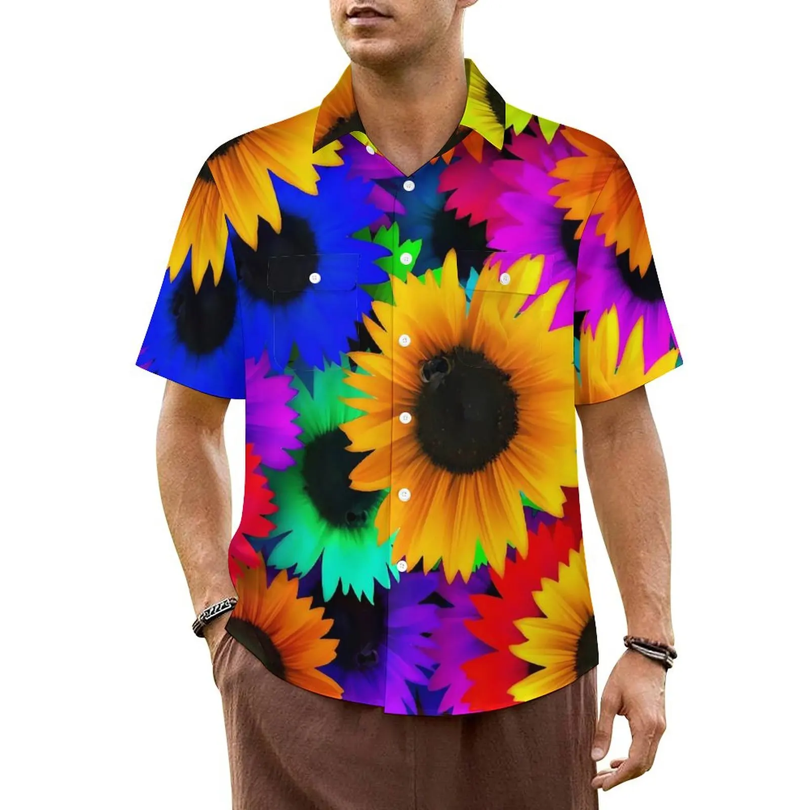 

Colorful Sunflower Hawaii Shirt Men Beach Flowers Print Casual Shirts Short-Sleeve Comfortable Design Loose Plus Size Blouses