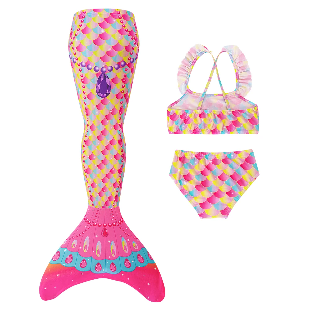 3Pcs Mermaid Tails Swimsuit Sets for Girls Swimming Costume Princess Bikini Bathing Suit for Kids without Monofin