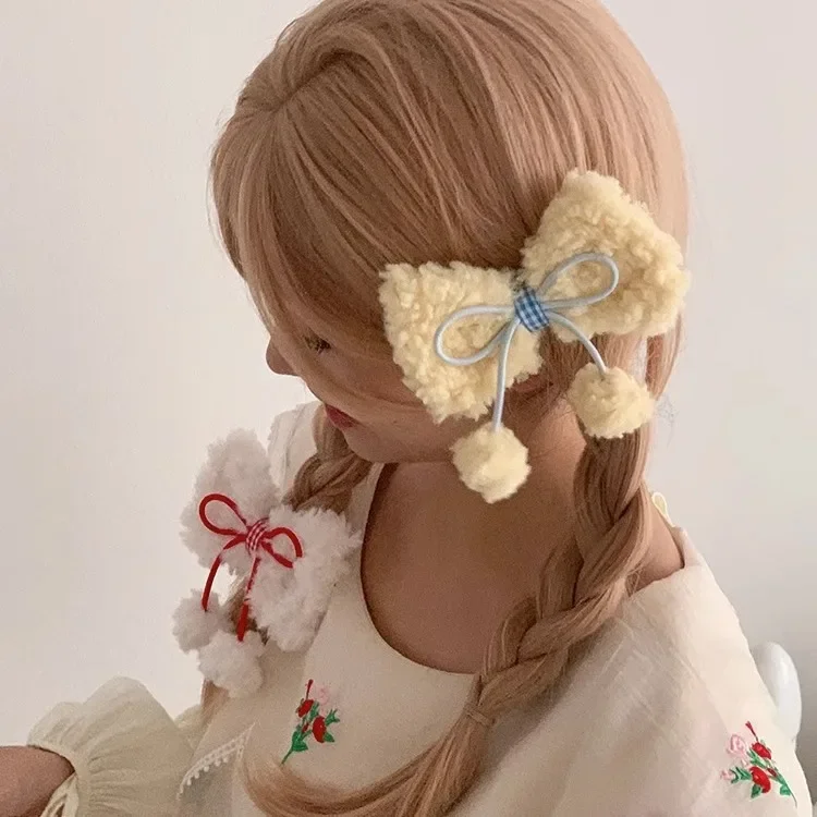 Korean Style Plush Bow Hair Clip Headwear Bangs Side Clip Top Barrette Japanese Style Hair Accessories Cherry Duckbill Clip