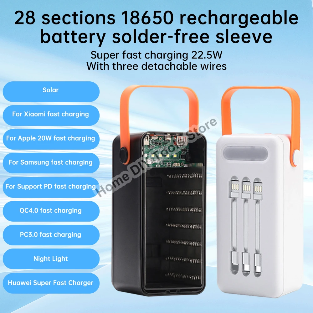 28*18650 Large Capacity Solar Power Bank Case DIY Digital Battery Storage Box 22.5W Fast Charger Shell Welding Free