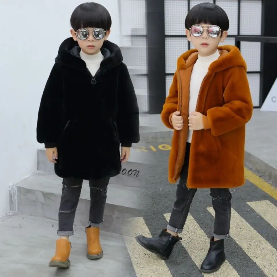 Boys Fur Coat Thick Cotton Children Girls Imitation Mink Plush Coat Windproof Sleeves Hooded Zipper Autumn and Winter Coat #4