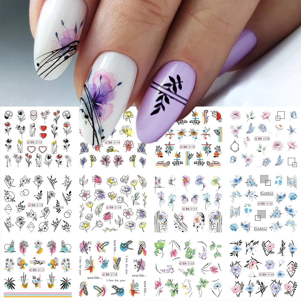 12Designs Geometry Flower Nail Sticker Black Leaf Lines Slider Watercolor Ink Floral Water Nail Decals Manicure GLBN2113-2124