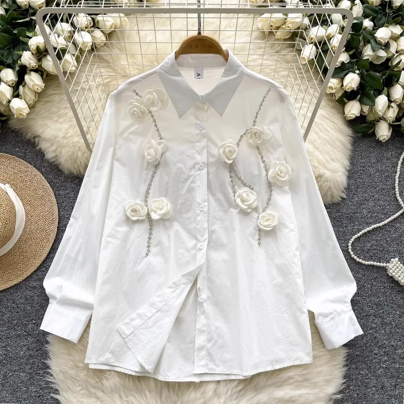 2025 Spring New Vintage French Women Clothing Blusas Mujer Turn Down Collar Beading High Grade Blouses Stereo Flower Chic Shirts