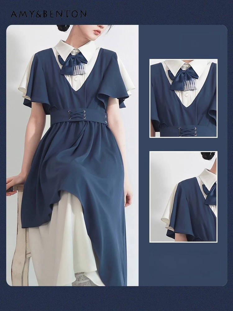 

Лето 2025 г., новое шифоновое платье в студенческом стиле с короткими рукавами и высокой талией, облегающее длинное платье с цветными блоками, универсальный комплект с галстуком-бабочкой