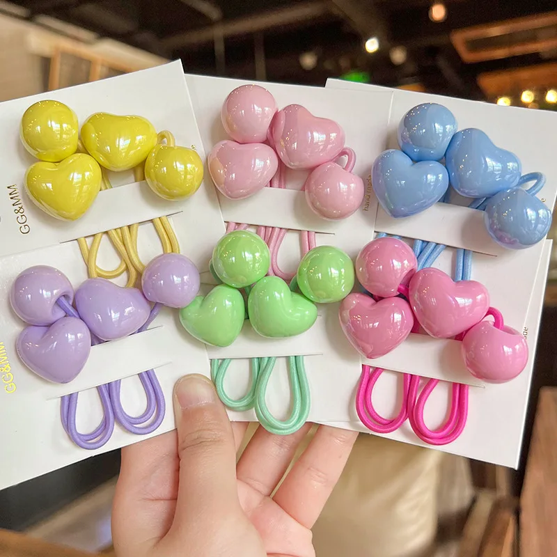 Juego de bandas elásticas para el cabello para niña, accesorios para el cabello hechos a mano, diadema de dibujos animados de corazón acrílico, banda de goma, 2 unidades por lote