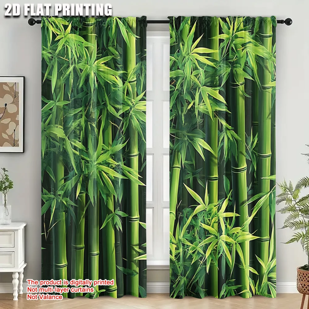 2pcs, Popular Curtains 2D print Green Bamboo (2) Versatile 100% Polyester (without rod) Versatile All for Bedroom, Office,