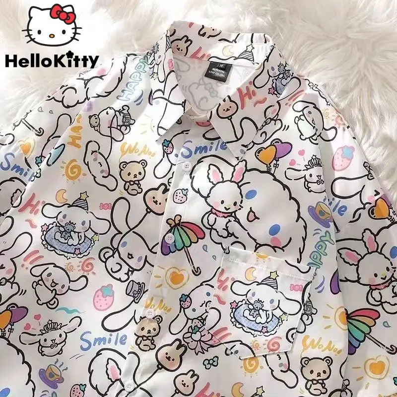 Sanrio Cinnamoroll Tops Button Up Casual Shirts Women Cartoon Cute Loose Short Sleeve Tee Shirt Y2k Girl Summer Fashion Blouse