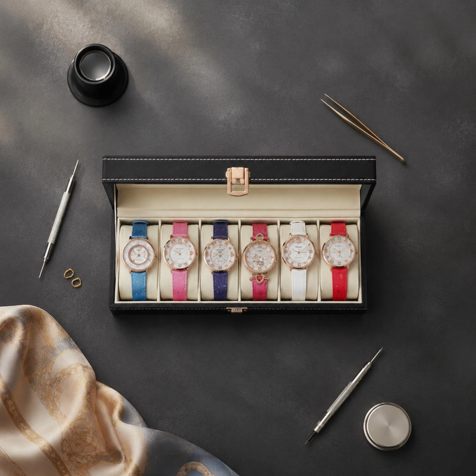 6 Slot Watch Box Padded Compartments Glass Lid Watch Display Case Timepiece Organizer Clear Window Latch Closure