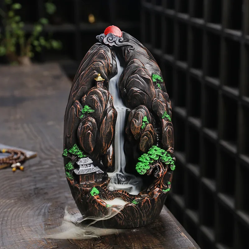 

Zen Decor Mountains and Flowing Water Backflow Incense Burner, Creative Ceramic Smoke Waterfall Incense Cones Holder Home Decor