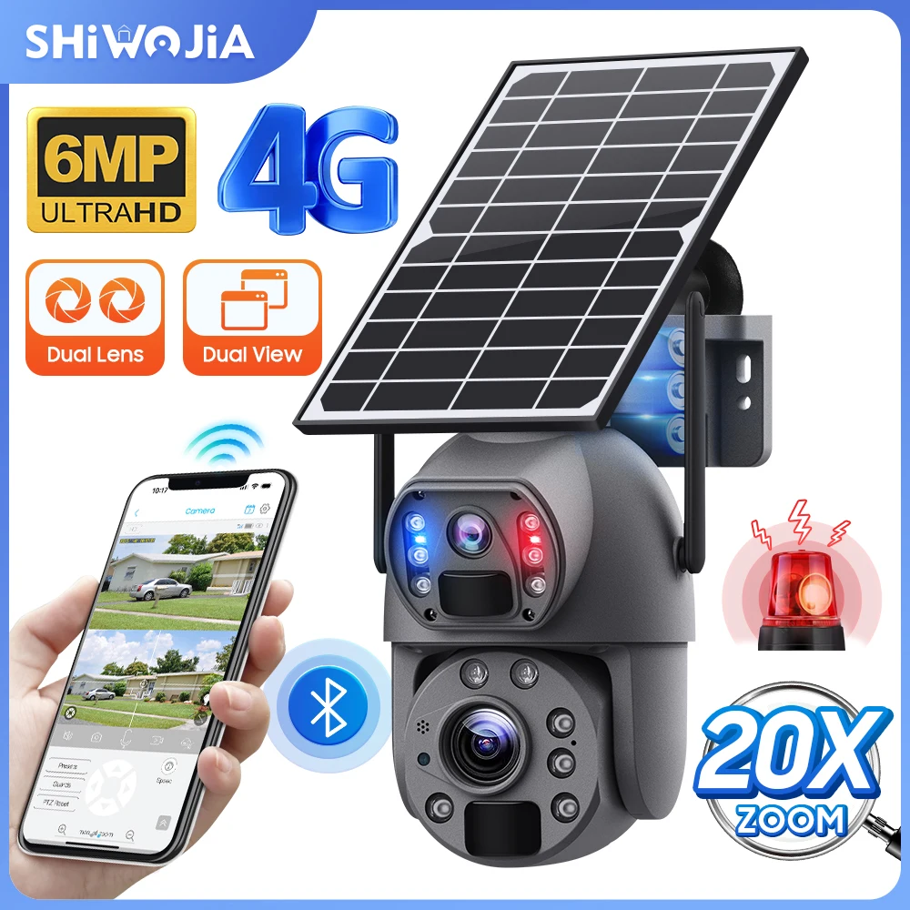 

SHIWOJIA Solar Camera WIFI/4G 3k 6MP 20X Zoom Dual Lens PIR Recording Humanoid Tracking Outdoor Security Surveillance Camera