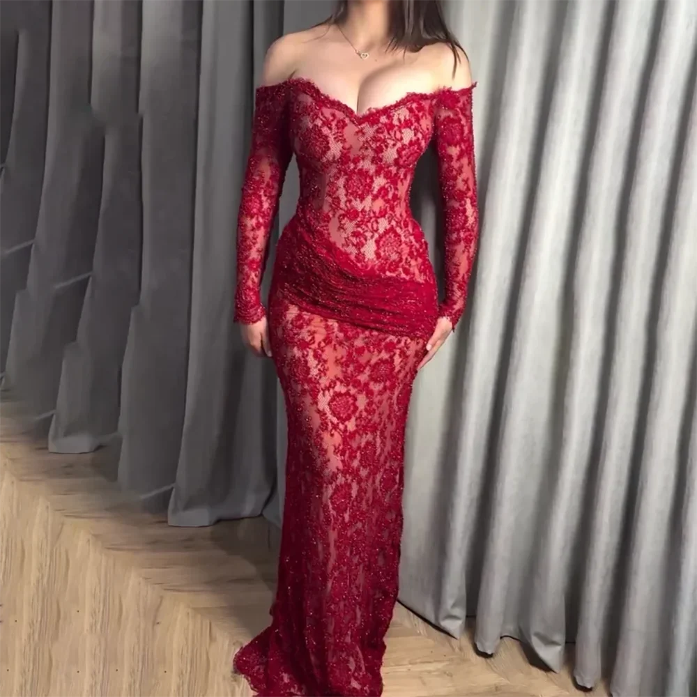 

Красное вечернее платье русалки для женщин с вырезом в форме сердца и длинными рукавами, кружевные плиссированные вечерние платья длиной до пола, вечернее платье по индивидуальному заказу