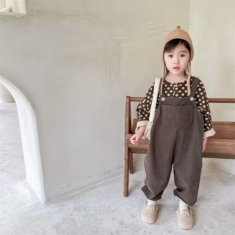 2024 Autumn Costume Children Waffle Overalls Boy Infant Sleeveless Loose Suspenders Jumpsuit Girl Baby Solid Cotton Casual Pants