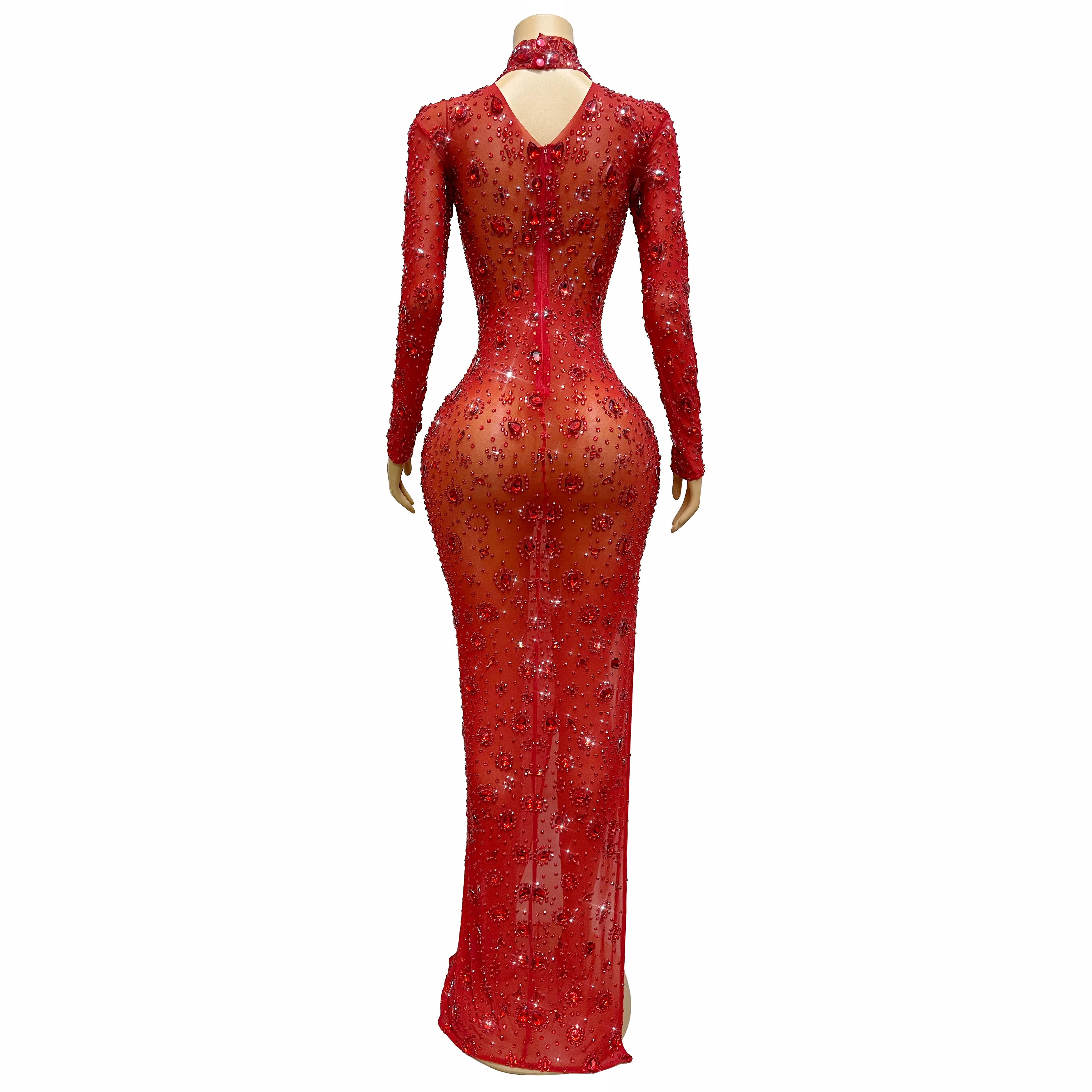 Fashion Shining Full Red Rhinestones Sexy High split Mesh Dress Evening Cocktail Party Gown Red carpet Stage Outfit Hongmanxion view 5