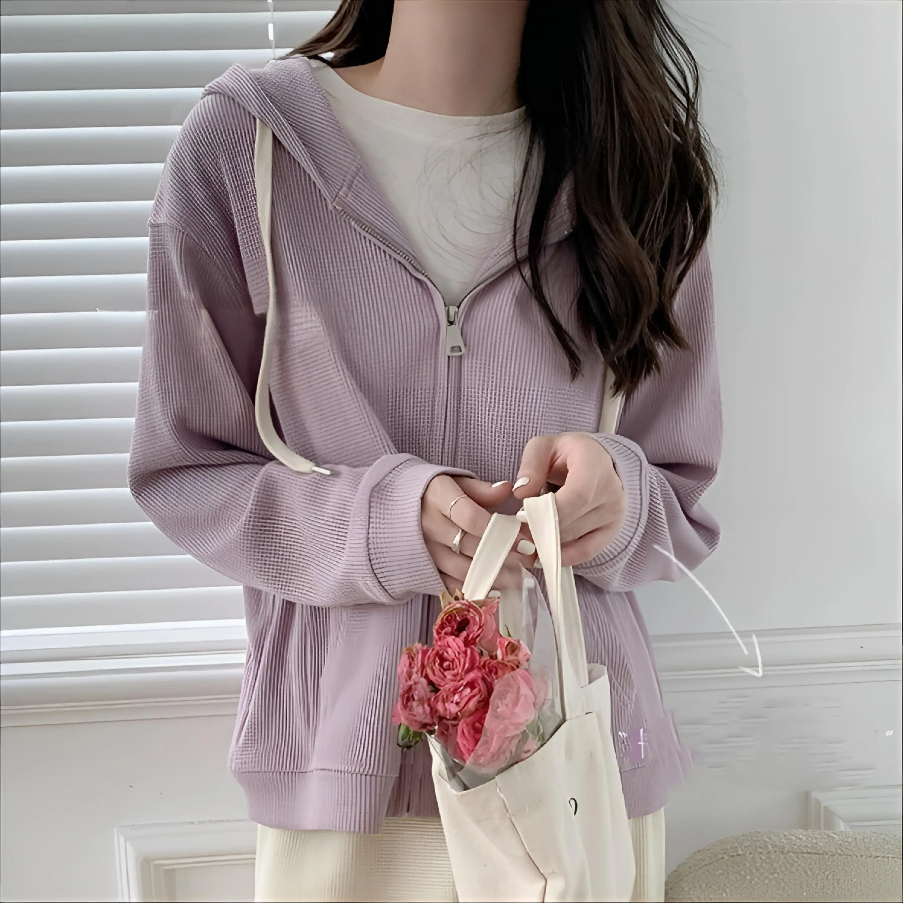 

Вафельный вязаный свитшот со шляпой, женский оверсайз, осенняя подкладка, высококачественная хлопковая вышивка, облегающий женский уникальный стиль для отдыха