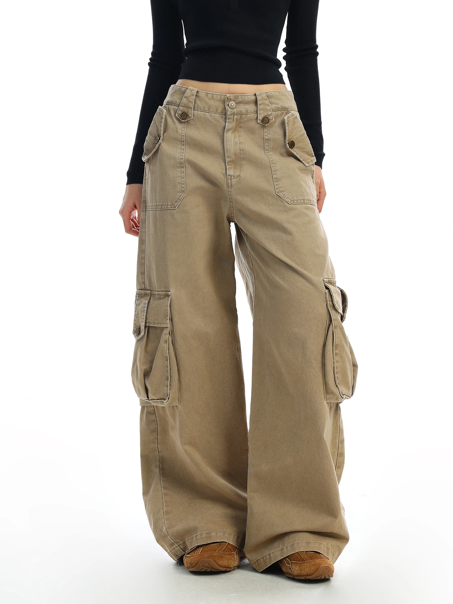 

American Retro Khaki Workwear Jeans Women's Multiple kets Straight Loose Wide Leg Floor-Length Pants Casual Loose Fit