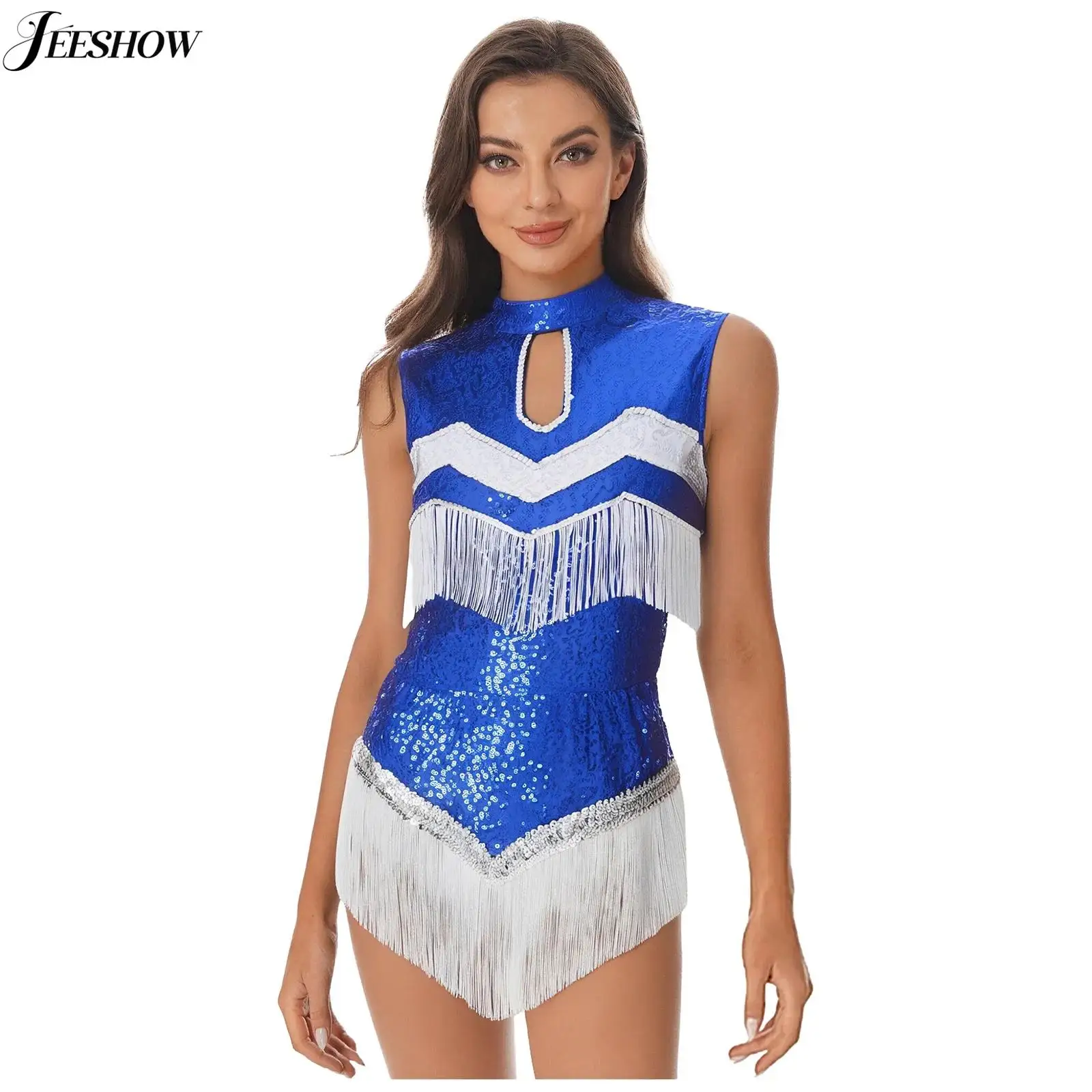 

Womens Shiny Sequin Tassel Cheerleading Costume Sleeveless Cut Out Fringed Hem Bodysuit High School Cheer Squad Uniform Outfit