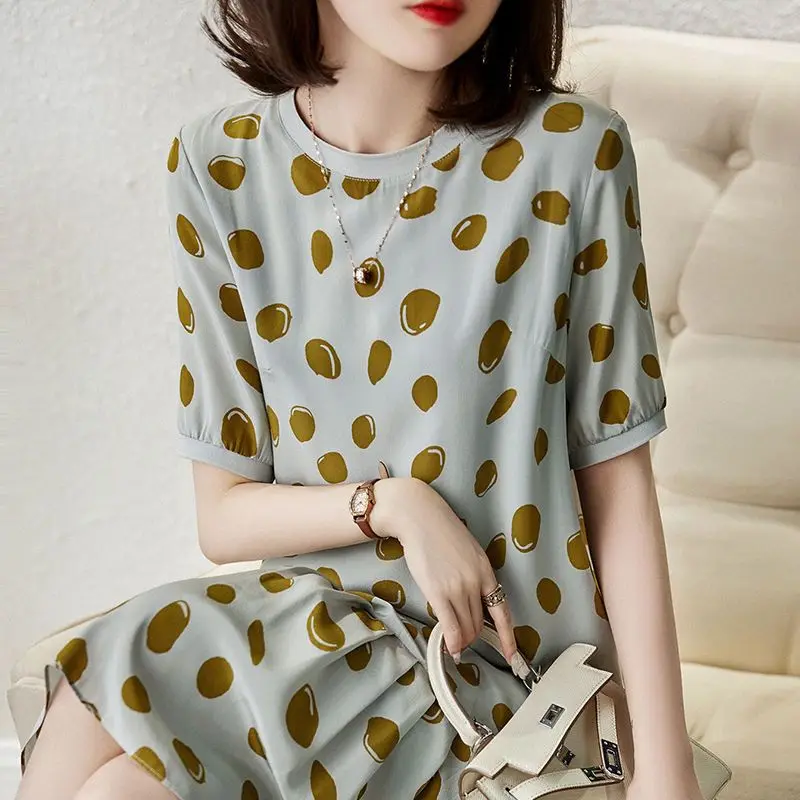 Thin Summer Round New Women\'s Clothing Neck Dot Pattern Short Sleeve Printing Mini Skirts Casual Pleated Loose Fashion Dresses