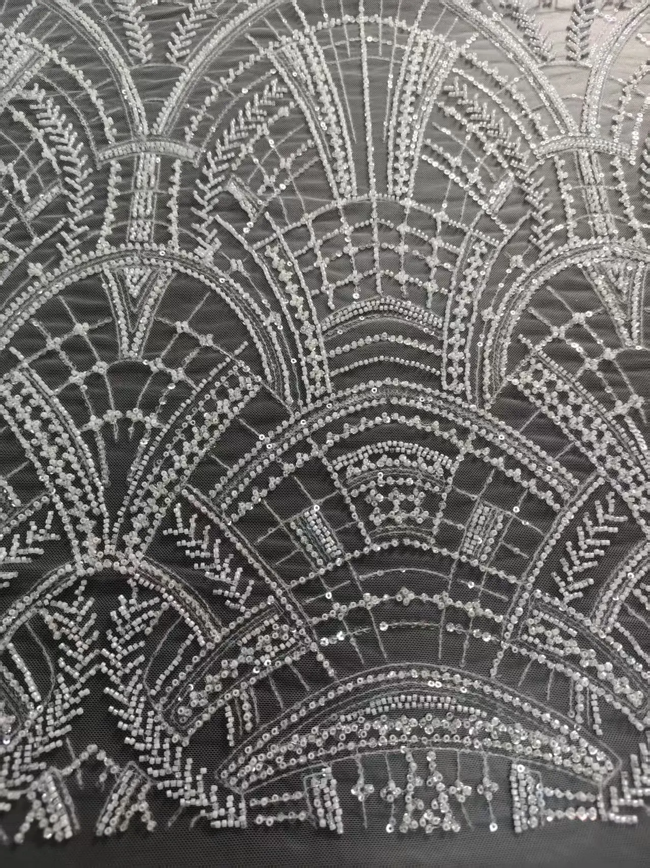 Hand Beaded Lace Fabric Heavy Beading Sheer Tulle Bridal Lace for Wedding Dress Evening Gown