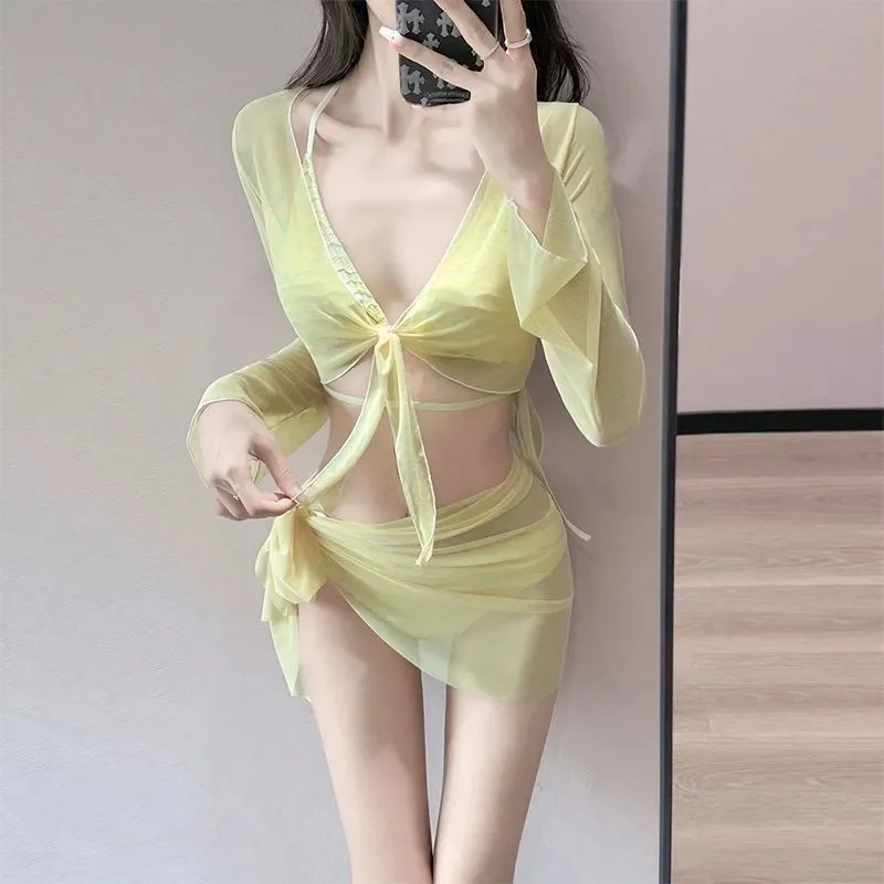 

Women's 4 Piece Lemon Yellow Mesh Cover Up Bikini Set Korean Style Swimsuit