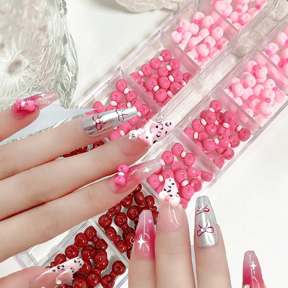 120 stks/doos Roze Rood KT Boog Nail Art Steentjes 3D Leuke Mini Hello Kitty Strik Hars Nail Charm Zoete Strik Nail Art Decorat