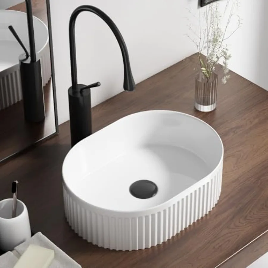 

Oval Vessel Sink 16 Inch Above Counter - White Ceramic Countertop Bathroom Sink 16 x 12 Modern Vanity Art Basin Porcelain Hand