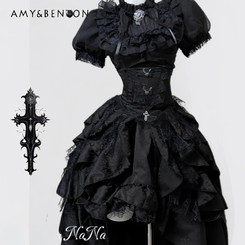 

Original Design Gothic Dark Retro Black Lace Women's Shirt 2025 Autumn New Black Sweet Cool Sexy Irregular Skirts Sets Ladies