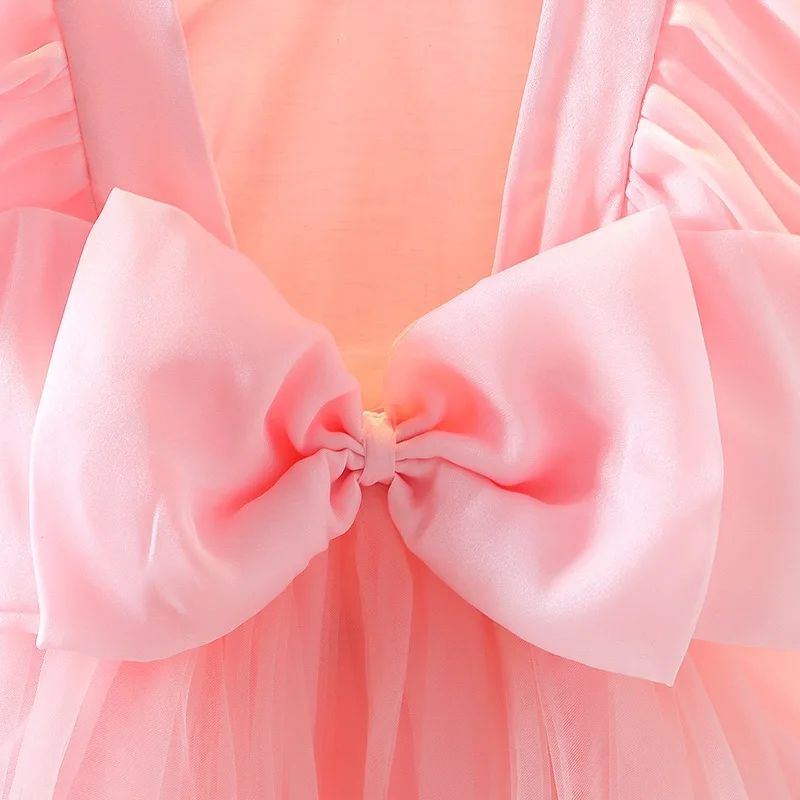 Summer New Baby Dress Girls Big Bow Mesh Splicing Brocade Backless Dress Girls Sweet Princess Bubble Sleeve Tutu Dress