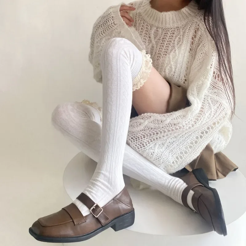 Knitting Thigh High Lace Up Stockings Thermal Warm Women Trendy Casual Over The Knee Female Cotton Long Socks Tall Tube Leggings