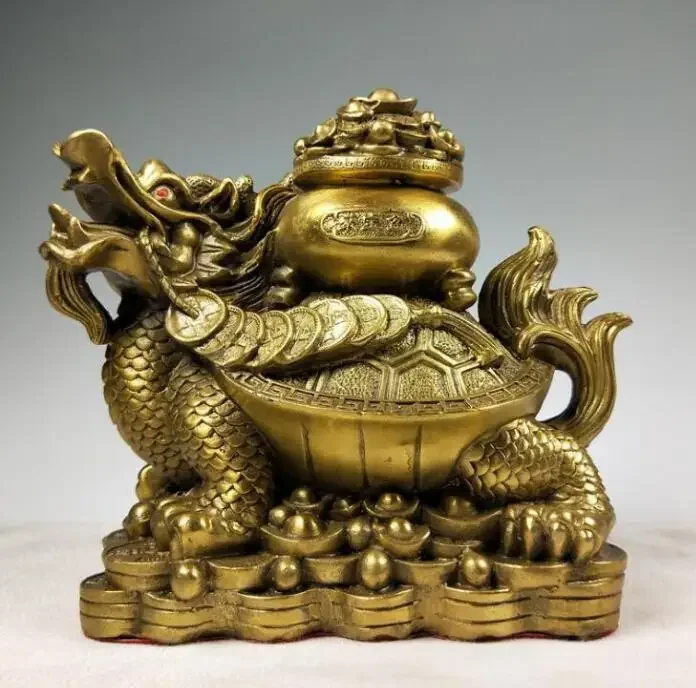 Copper Statue China Dragon Turtle Tortoise Cornucopia Ingot Copper Cash Lucky Bronze Statue