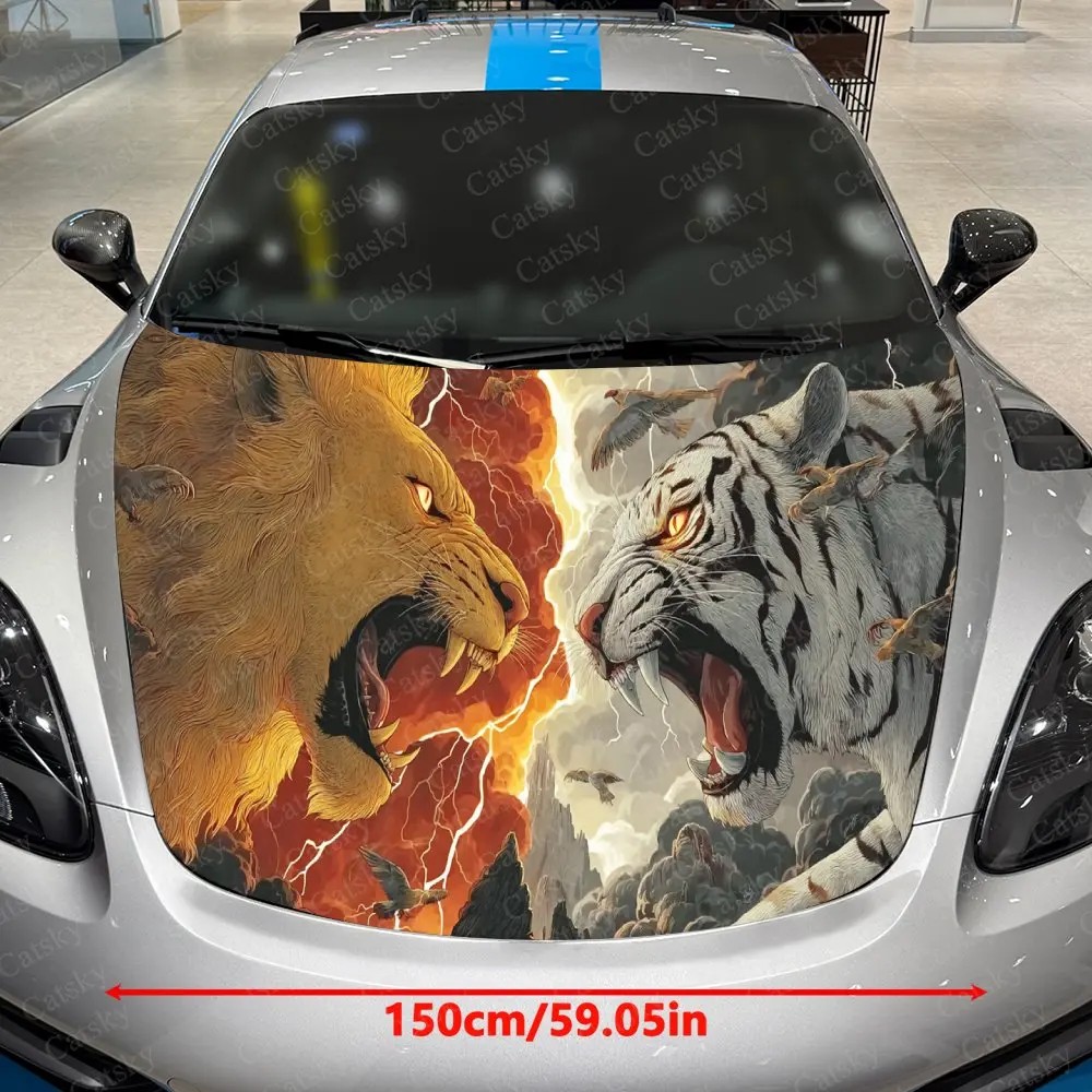 Lion-Tiger Thunder Battle Car Vinyl Wrap, PVC Material Waterproof Car Hood Sticker, Self-Adhesive Scratch-Resistant Stickers for