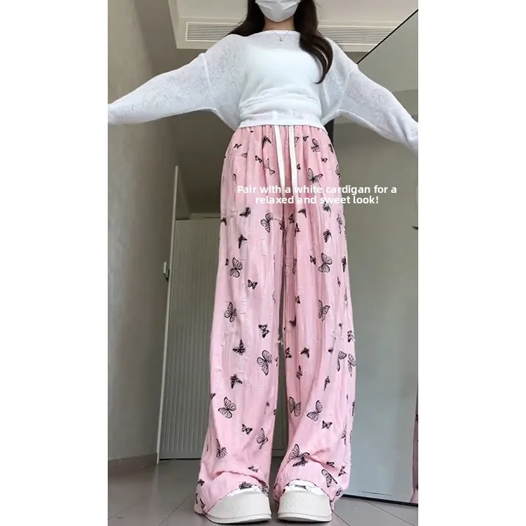 Pink  Wide Leg Pants Women's Summer Thin Ice Silk Sun Protection Sparkling Diamond Casual Long Trousers Korean Sle