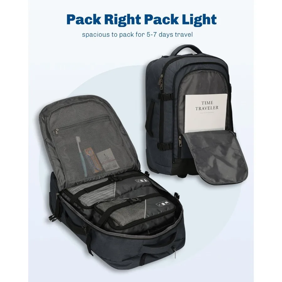 2 في 1 حقيبة السفر 22 بوصة تحمل على الأمتعة 63L حقيبة ظهر متدحرجة للرجال والنساء مع مكعبات التعبئة مجموعة 3 قطع #5