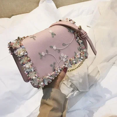 Bolso bandolera con cadena a la moda con perlas para mujer, bolso de flores, bolsos cruzados para mujer y niña, bolso con solapa floral con cuentas, bolso verde para mujer