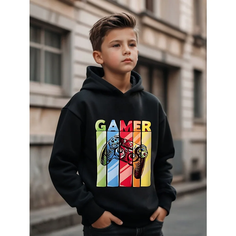 Kids Hoodie Colorful Vertical Strip GAMER Letter Game Controller Graphic Print Soft Comfortable Long Sleeve Pullover Hooded