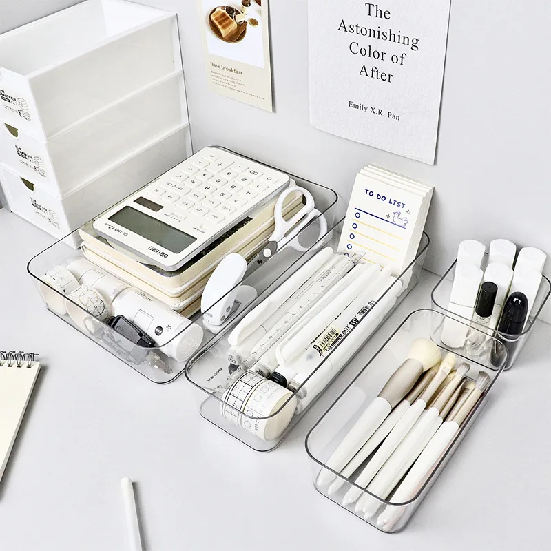 مجموعة منظمات أدراج مكتب مكونة من 4 قطع، منظم مكياج بلاستيكي لتخزين المكياج، صندوق تخزين شفاف للحمام المكتبي