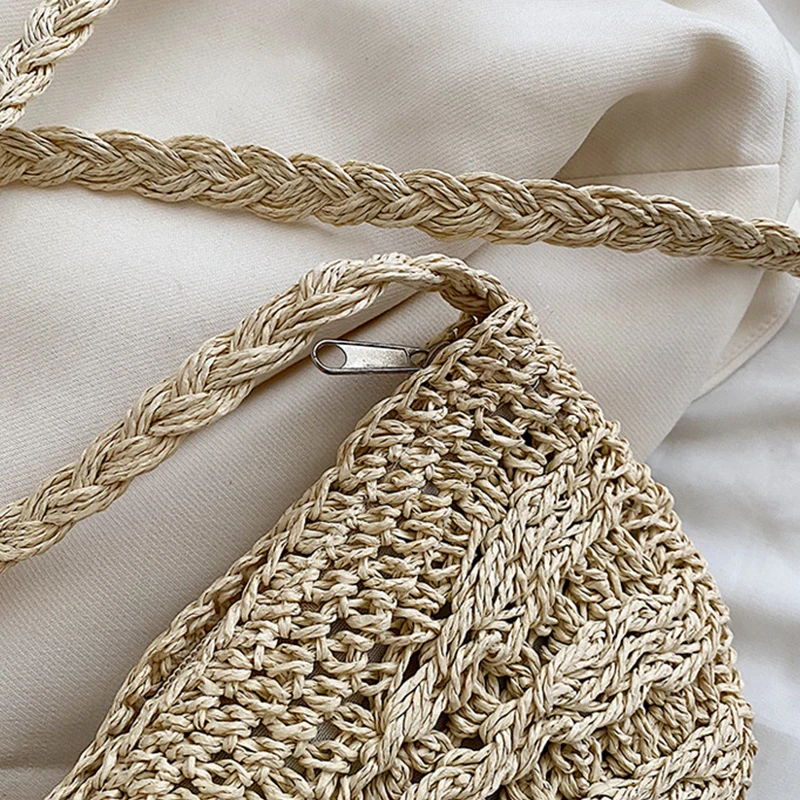 Mode Halbkreis Stroh Gewebt Schulter Umhängetasche Reise Kleine Handtasche Damen Sommer Handgemachte Rattan Quaste Design Strand Tasche – Detail 22